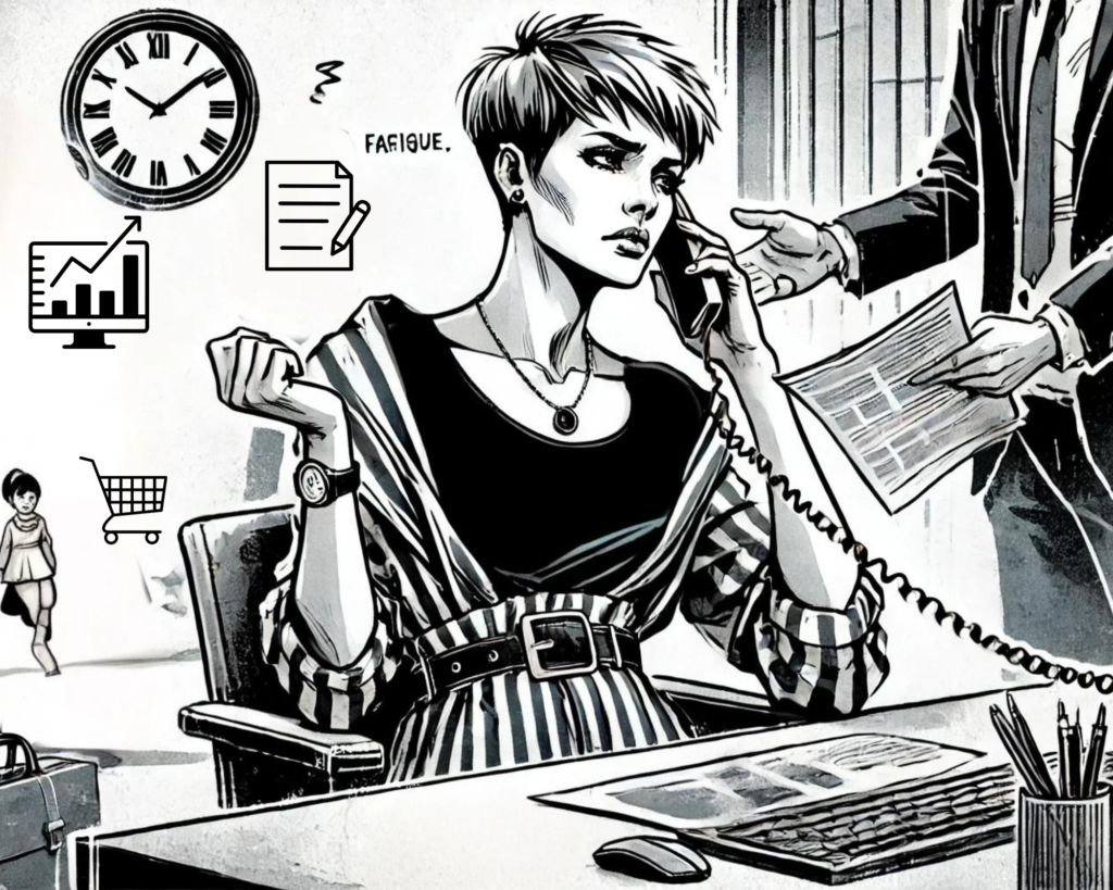 Femme stressée au bureau, parlant au téléphone, avec des éléments graphiques représentant les responsabilités professionnelles et familiales, et des signes de fatigue.