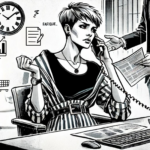 Femme stressée au bureau, parlant au téléphone, avec des éléments graphiques représentant les responsabilités professionnelles et familiales, et des signes de fatigue.